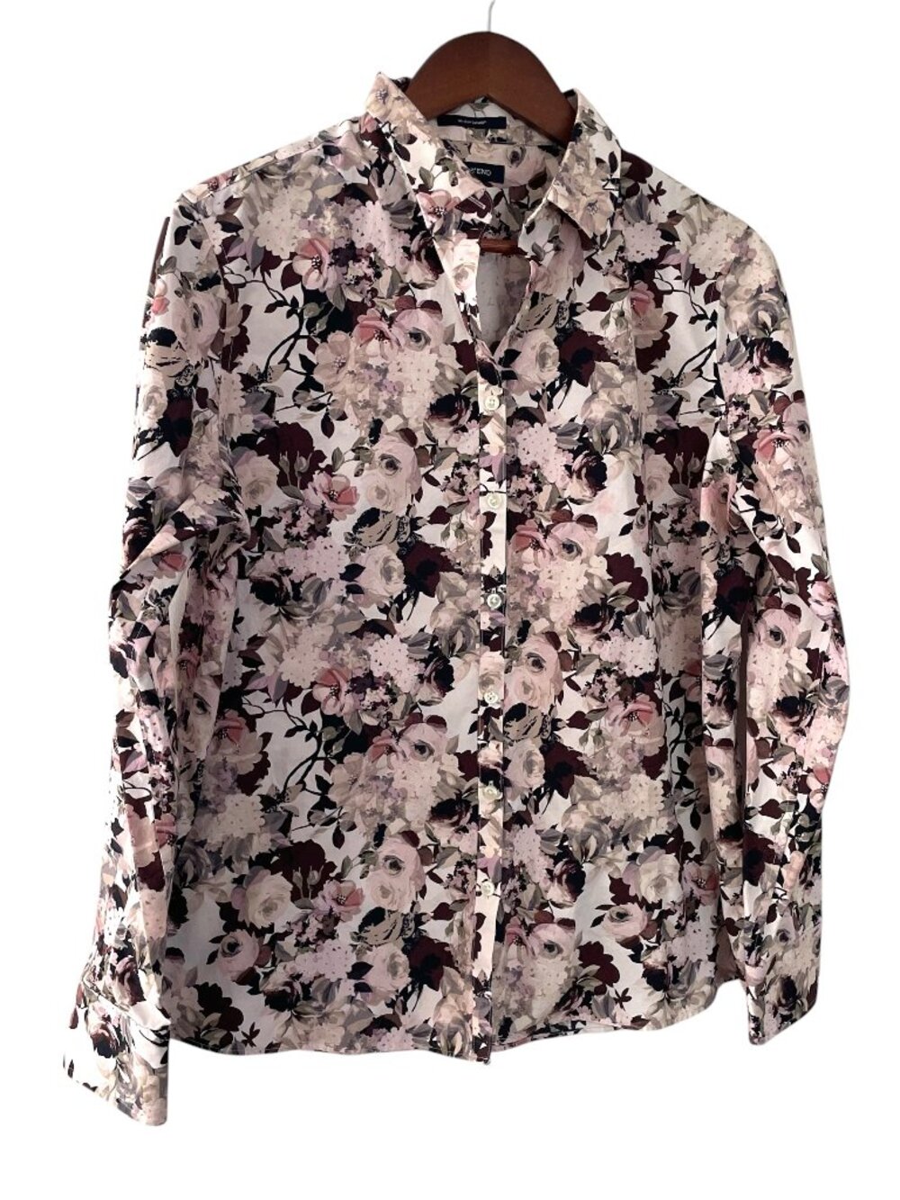Lands End No Iron Supima Button Down Dress Shirt 16 Black Purple Rose Floral Top
